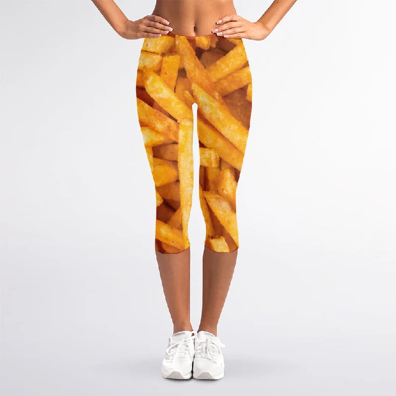 French Fries Print Women's Capri Leggings Trendy Sporty Compression Leggings