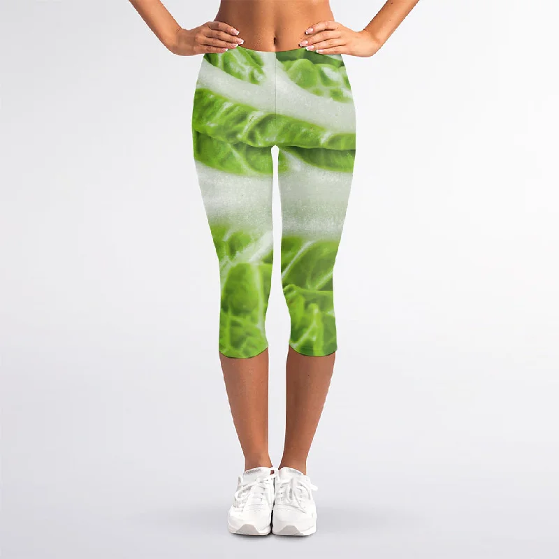 Fresh Cabbage Leaf Print Women's Capri Leggings Comfortable Zip-Up Leggings