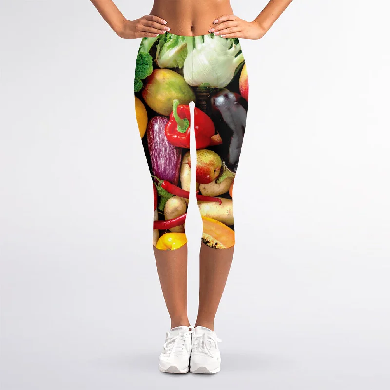 Fresh Fruits And Vegetables Print Women's Capri Leggings Cozy Oversized Leggings