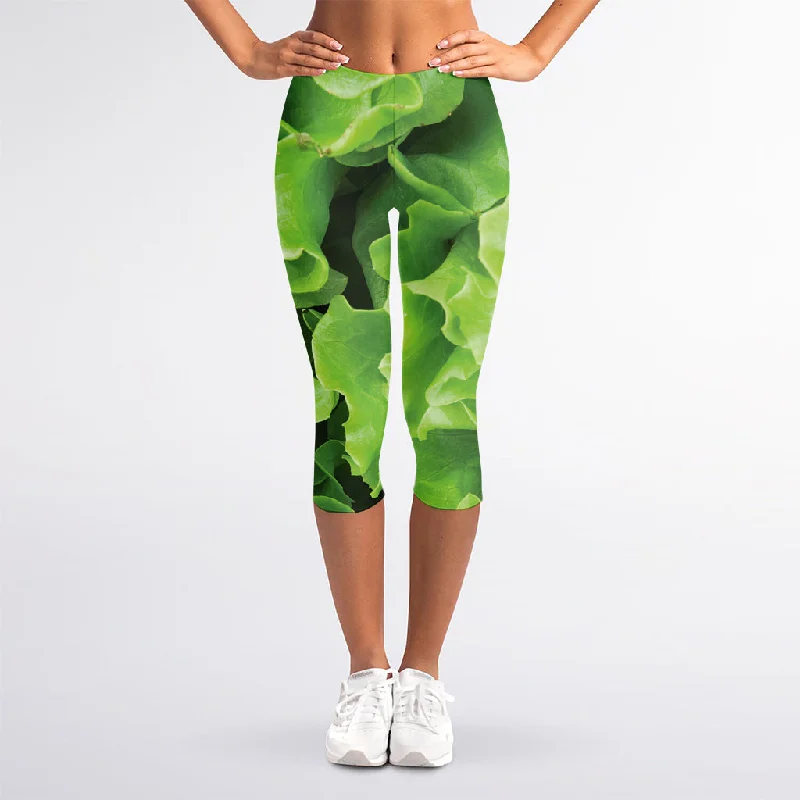 Fresh Lettuce Leaves Print Women's Capri Leggings Trendy Black Mesh Leggings