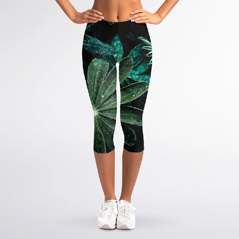Fresh Tropical Leaf Print Women's Capri Leggings Trendy Adjustable Waist Leggings