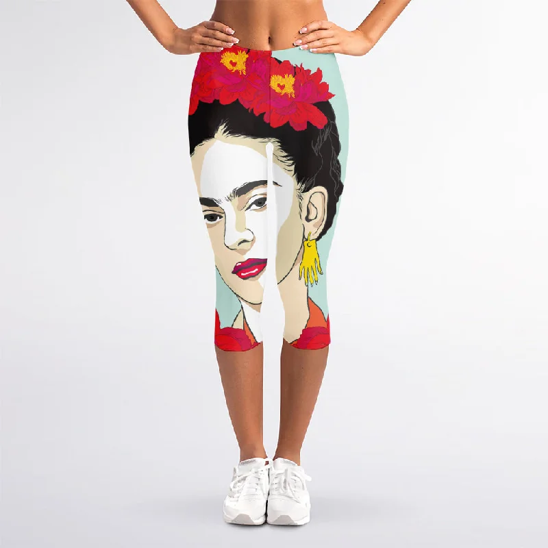 Frida Kahlo And Floral Print Women's Capri Leggings Comfortable Running Leggings