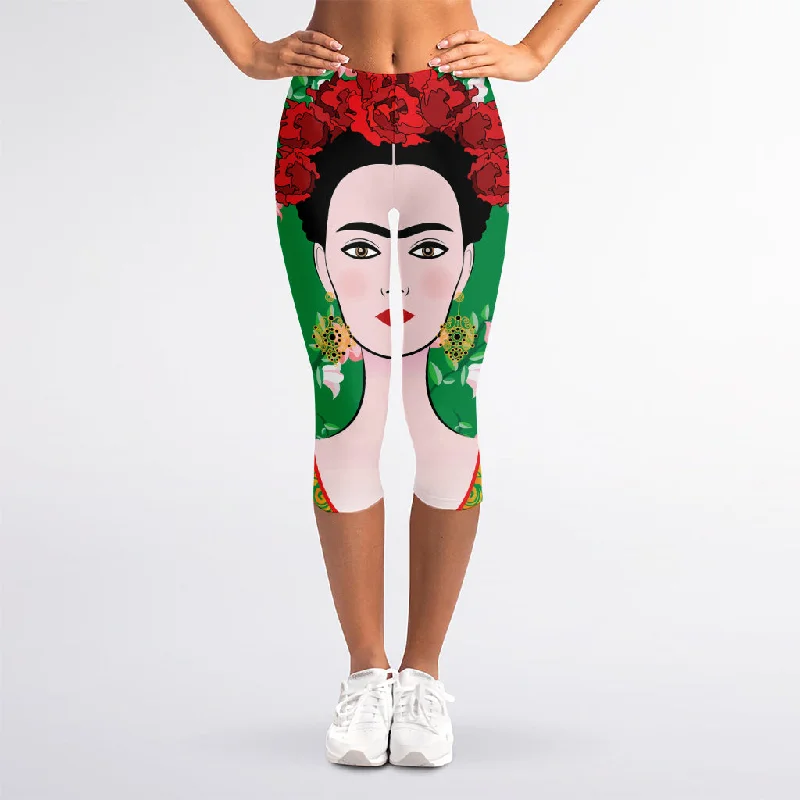 Frida Kahlo And Pink Floral Print Women's Capri Leggings Comfortable Yoga Tights Leggings Frida Kahlo And Pink Floral Print Women's Capri Leggings Comfortable Yoga Tights Leggings