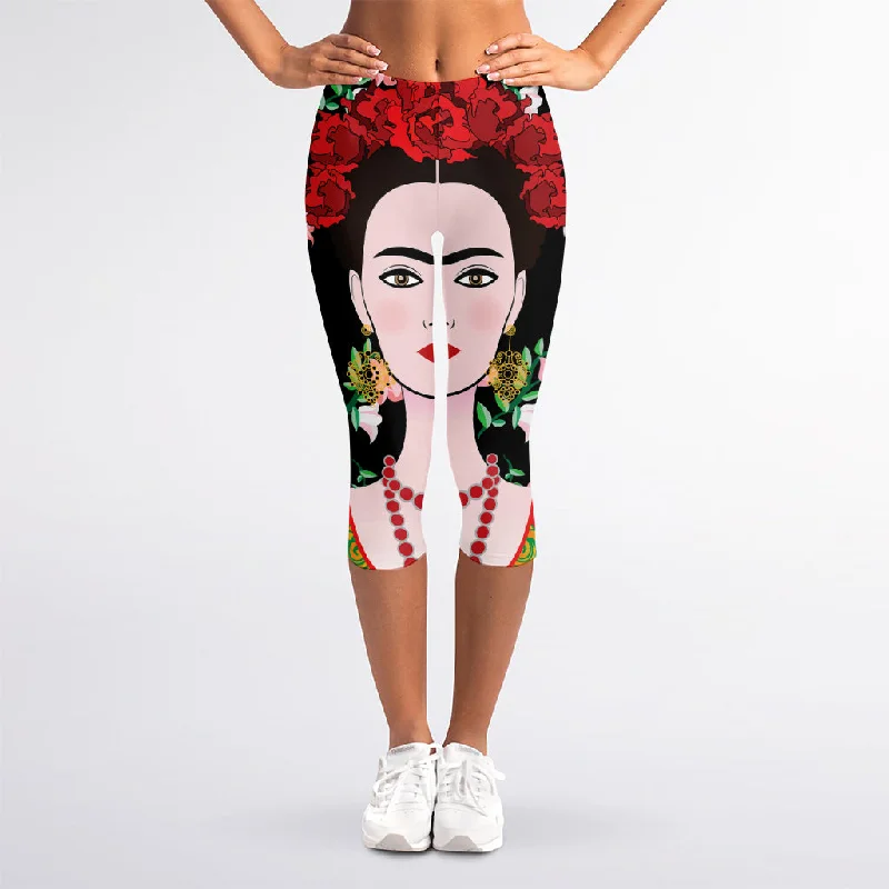 Frida Kahlo And Pink Flower Print Women's Capri Leggings Stylish Winter-Ready Leggings Frida Kahlo And Pink Flower Print Women's Capri Leggings Stylish Winter-Ready Leggings