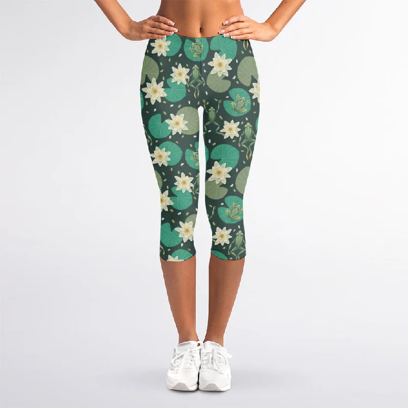 Frogs And Water Lilies Pattern Print Women's Capri Leggings Stylish Camo Print Leggings Frogs And Water Lilies Pattern Print Women's Capri Leggings Stylish Camo Print Leggings