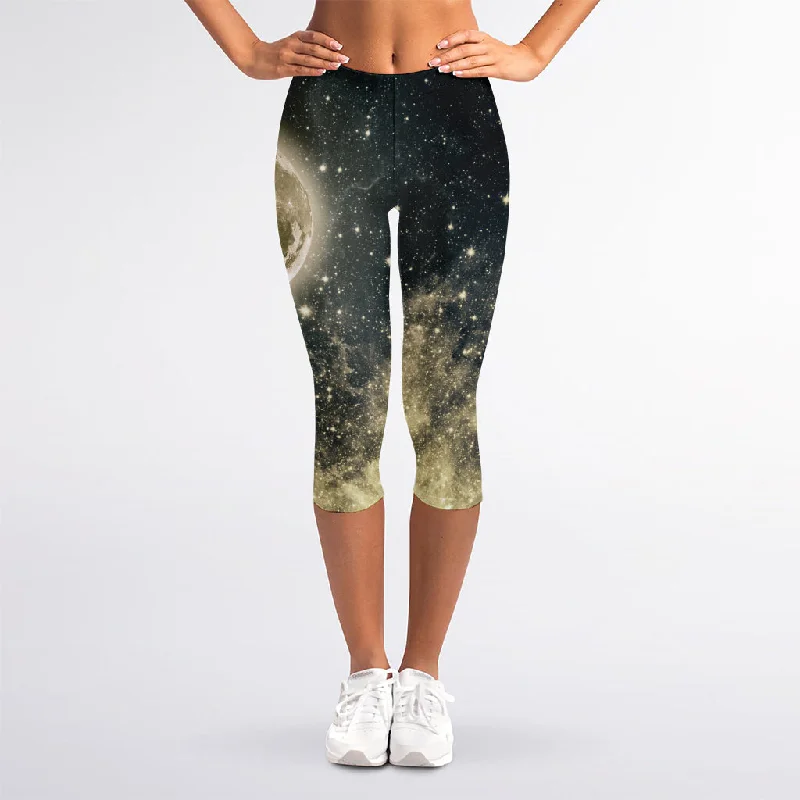 Full Moon And Night Stars Print Women's Capri Leggings Chic Velvet Soft Leggings