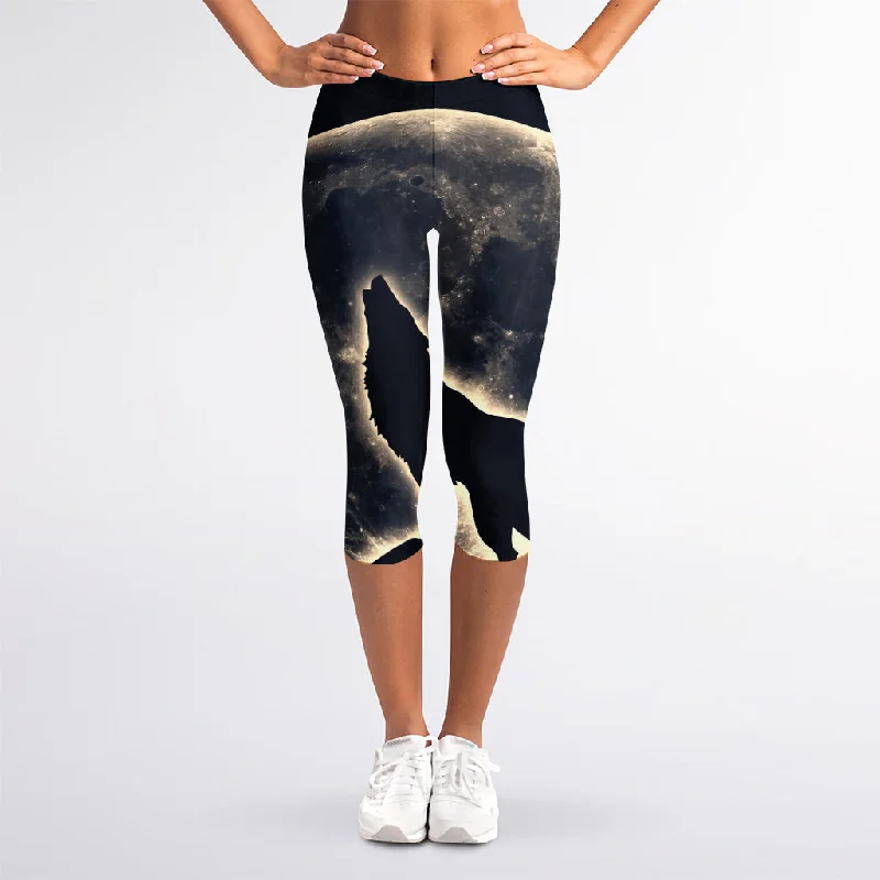 Full Moon Howling Wolf Print Women's Capri Leggings Cozy Full-Length Workout Leggings Full Moon Howling Wolf Print Women's Capri Leggings Cozy Full-Length Workout Leggings