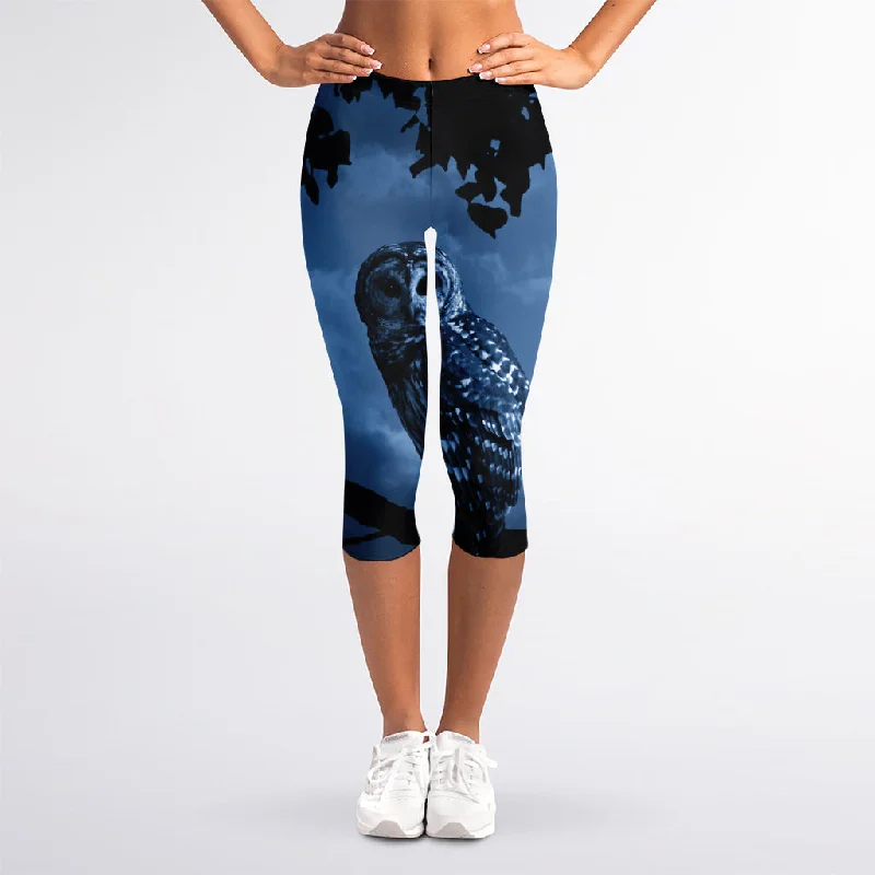 Full Moon Night Owl Print Women's Capri Leggings Trendy Ombre Effect Leggings