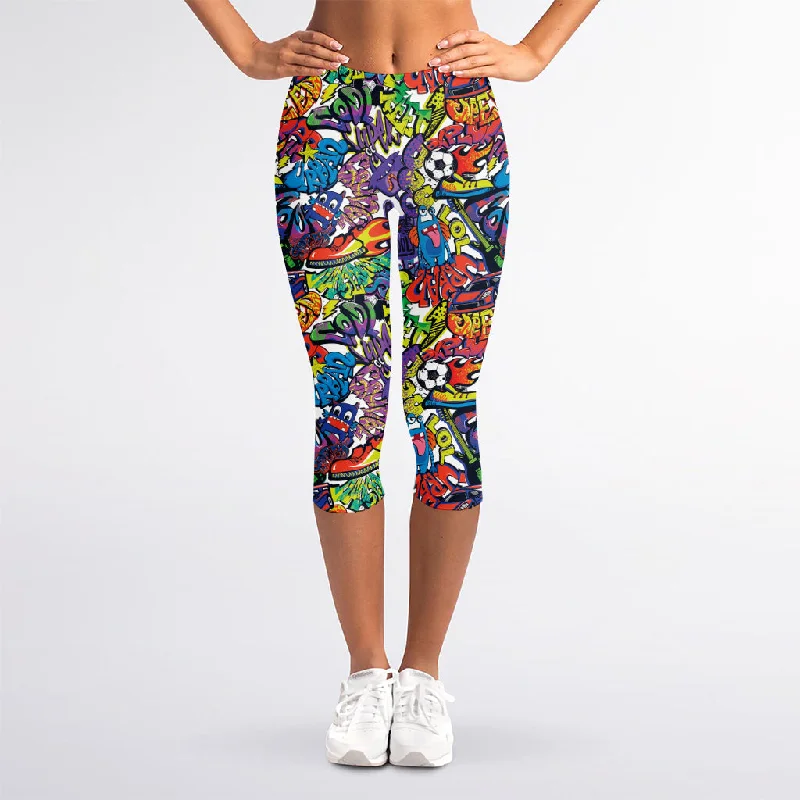 Funky Graffiti Pattern Print Women's Capri Leggings Fashionable Seamless Leggings