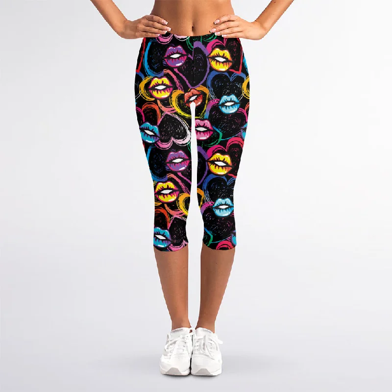 Funky Kiss Lips Pattern Print Women's Capri Leggings Trendy Sports Performance Leggings Funky Kiss Lips Pattern Print Women's Capri Leggings Trendy Sports Performance Leggings