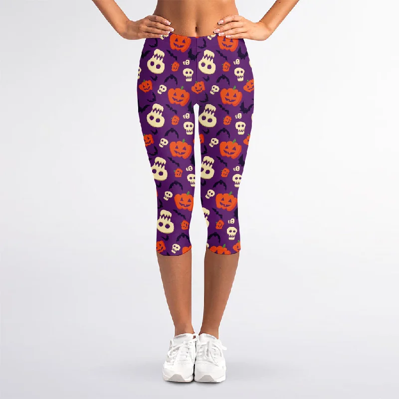 Funny Halloween Pumpkin Pattern Print Women's Capri Leggings Trendy Patterned Leggings