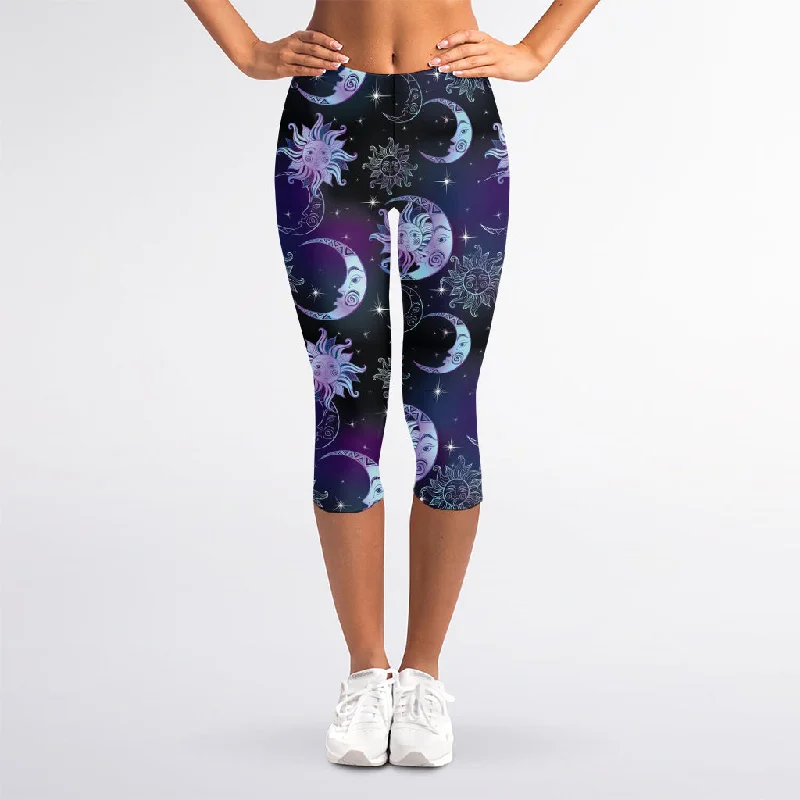 Galaxy Celestial Sun And Moon Print Women's Capri Leggings Comfortable Compression Leggings Galaxy Celestial Sun And Moon Print Women's Capri Leggings Comfortable Compression Leggings