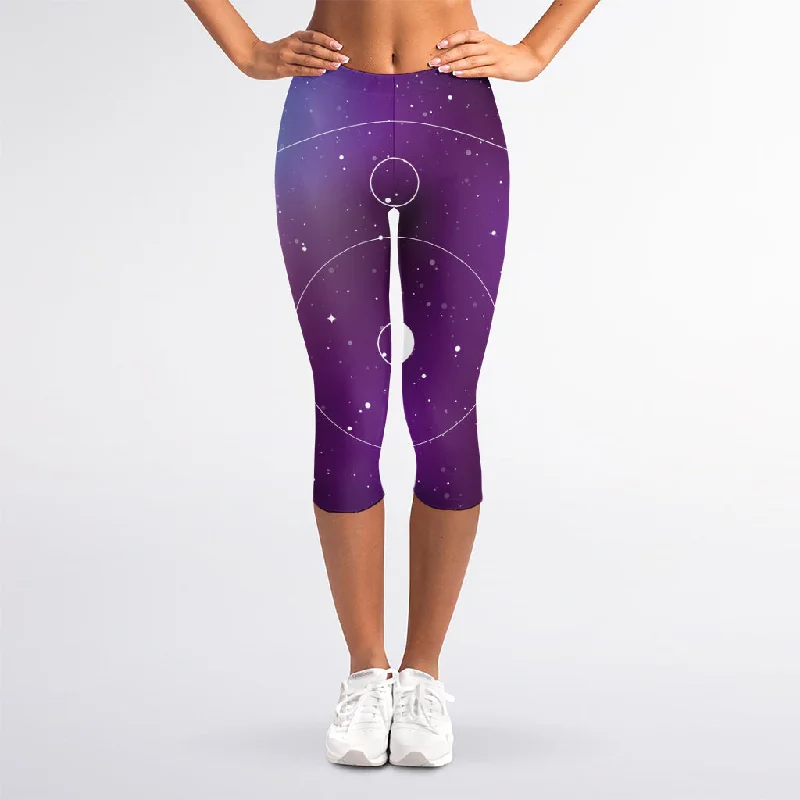 Galaxy Moon Phase Print Women's Capri Leggings Stylish Printed Sport Leggings