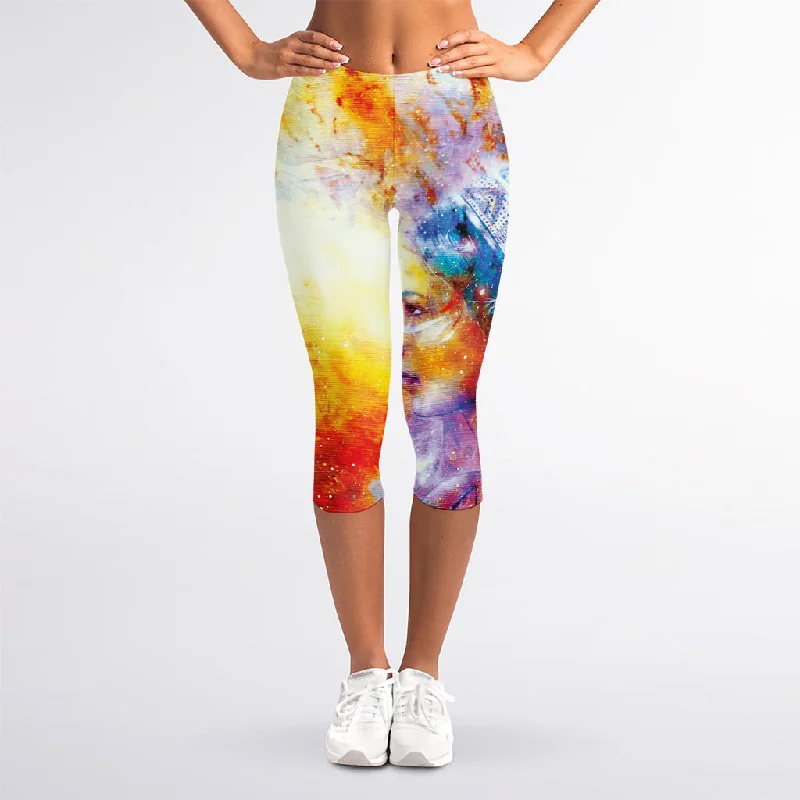 Galaxy Native Indian Woman Print Women's Capri Leggings Trendy Flared Leggings