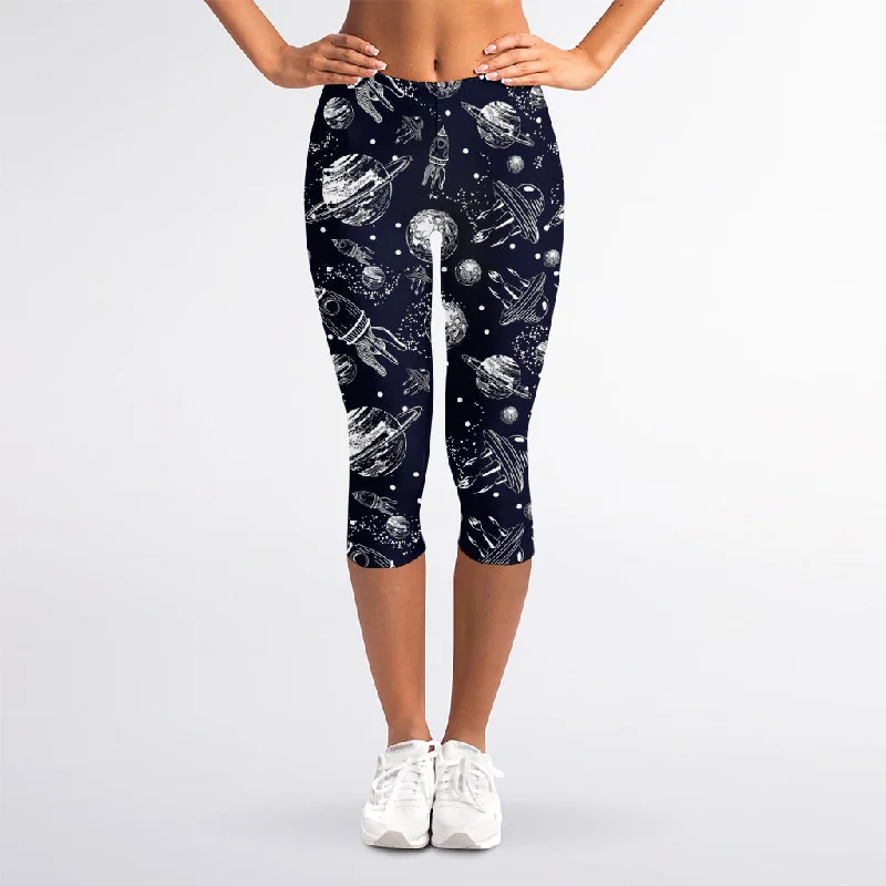 Galaxy UFO Pattern Print Women's Capri Leggings Comfortable Athletic Tights