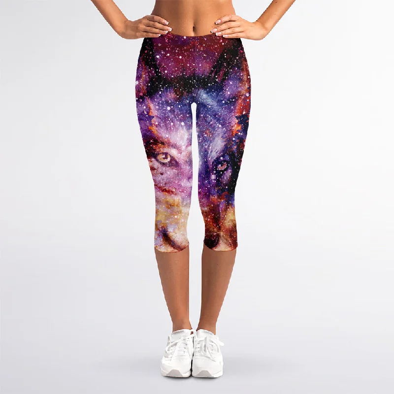 Galaxy Wolf Portrait Print Women's Capri Leggings Fashionable Full-Length Active Leggings Galaxy Wolf Portrait Print Women's Capri Leggings Fashionable Full-Length Active Leggings