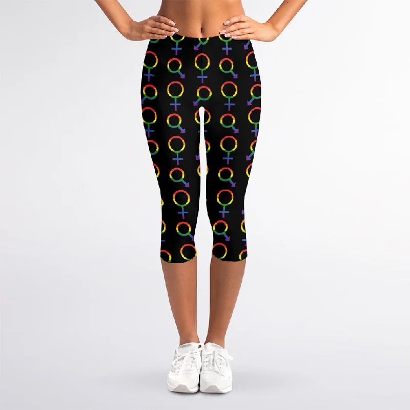 Gay Pride Gender Symbol Pattern Print Women's Capri Leggings Stylish Colorful Activewear Leggings Gay Pride Gender Symbol Pattern Print Women's Capri Leggings Stylish Colorful Activewear Leggings