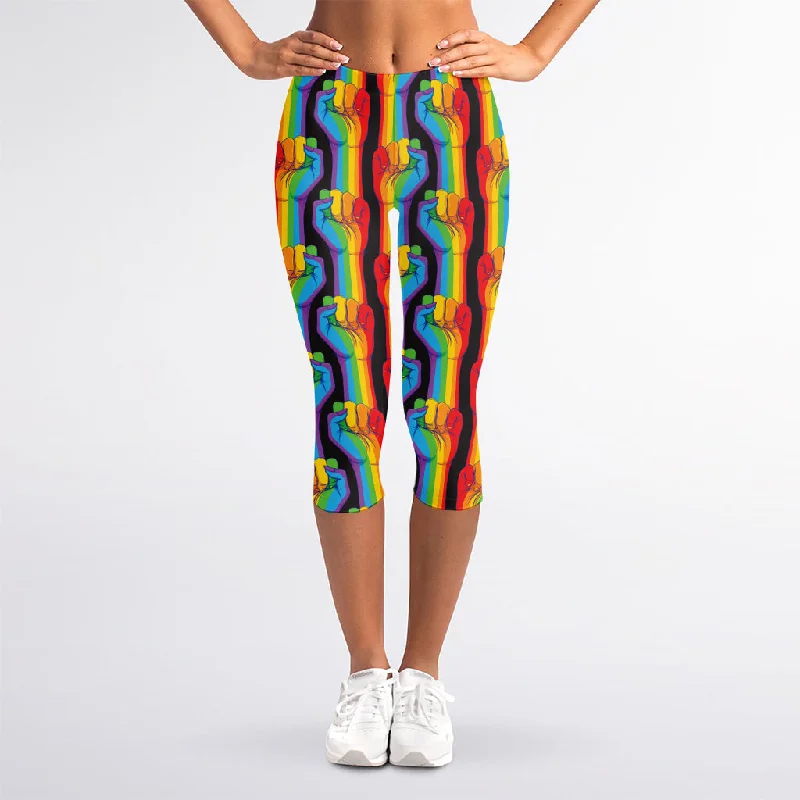 Gay Pride Hand Sign Pattern Print Women's Capri Leggings Fashionable Stretchy Fit Leggings Gay Pride Hand Sign Pattern Print Women's Capri Leggings Fashionable Stretchy Fit Leggings