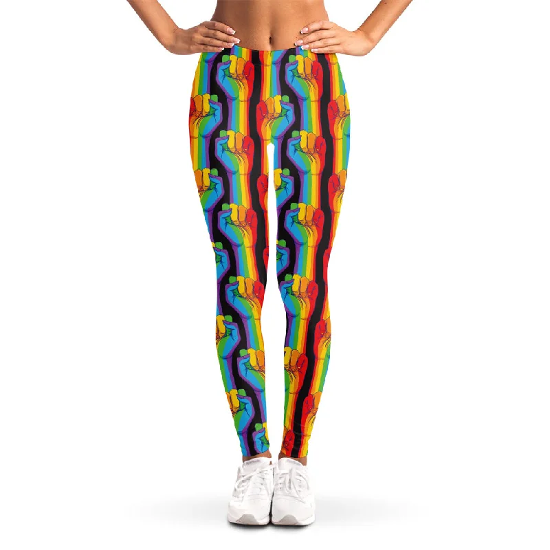 Gay Pride Hand Sign Pattern Print Women's Leggings Elegant Printed Leggings with Pockets Gay Pride Hand Sign Pattern Print Women's Leggings Elegant Printed Leggings with Pockets