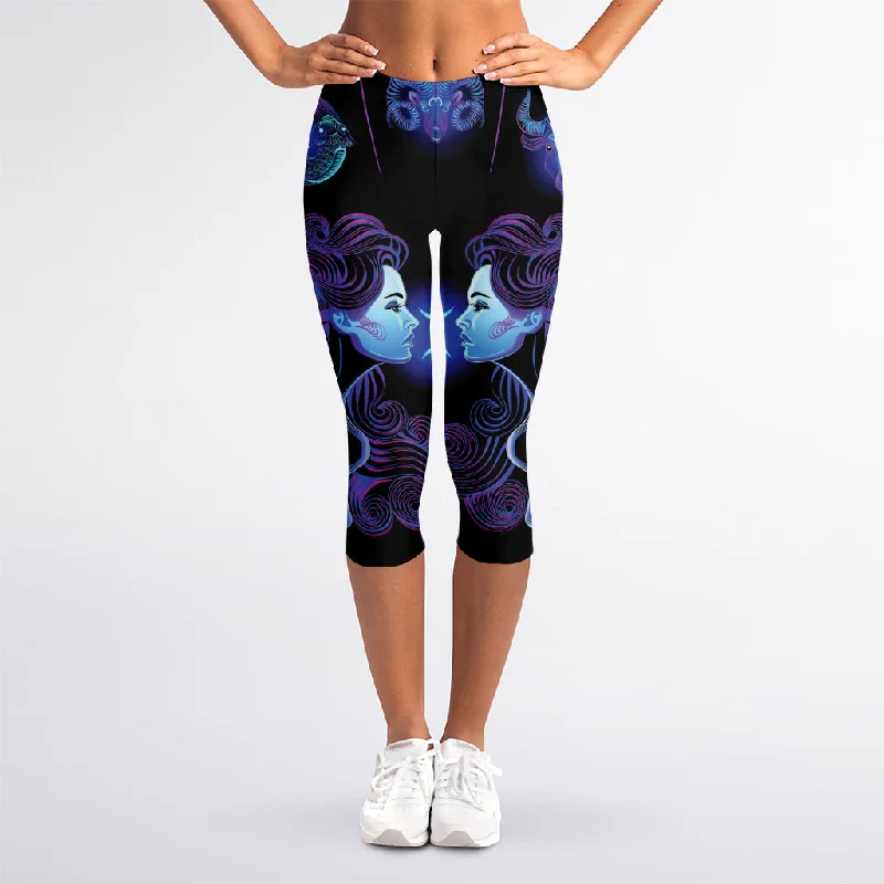 Gemini And Astrological Signs Print Women's Capri Leggings Fashionable Fitted Workout Leggings