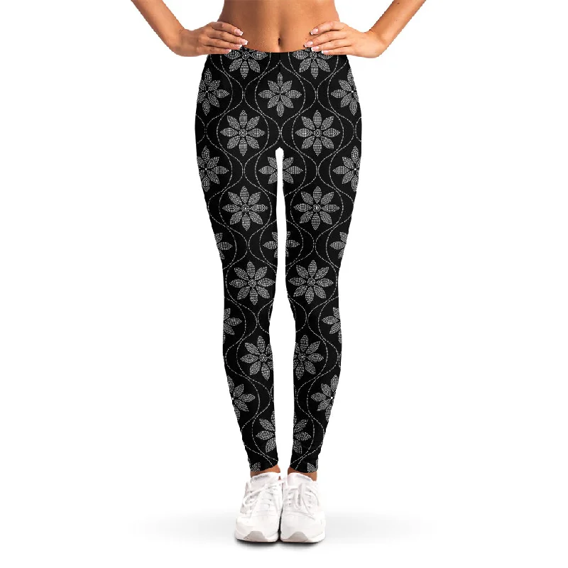 Geometric Dot Flower Pattern Print Women's Leggings Trendy Leather-Look Workout Leggings Geometric Dot Flower Pattern Print Women's Leggings Trendy Leather-Look Workout Leggings