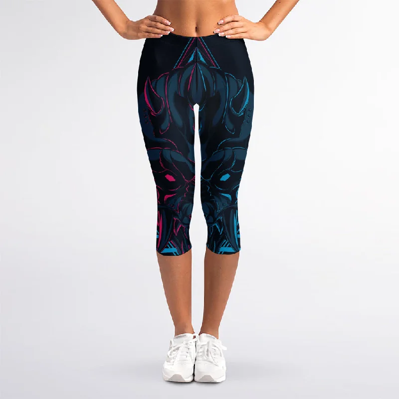 Geometric Japanese Demon Print Women's Capri Leggings Trendy Digital Print Leggings