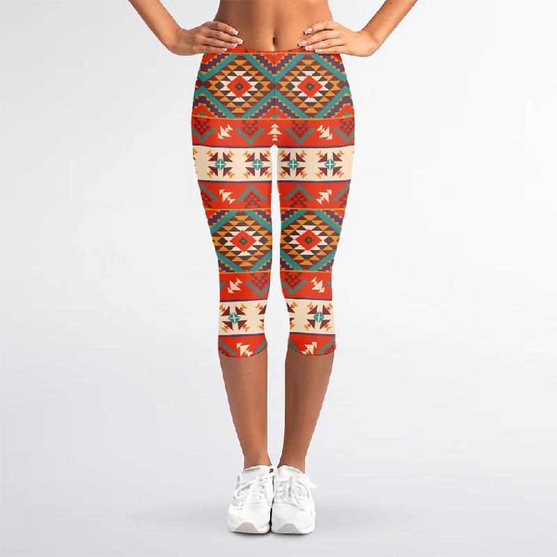 Geometric Native Navajo Print Women's Capri Leggings Elegant Full-Body Leggings
