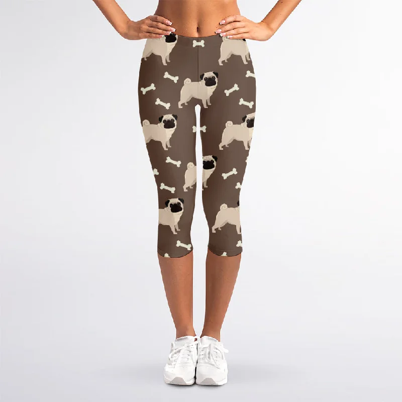 Geometric Pug Pattern Print Women's Capri Leggings Comfortable Ribbed Waistband Leggings