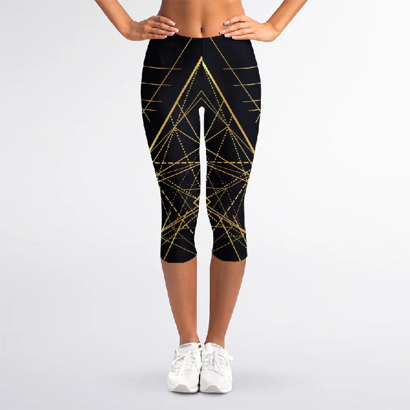 Geometric Pyramid Print Women's Capri Leggings Cozy Reflective Detail Leggings
