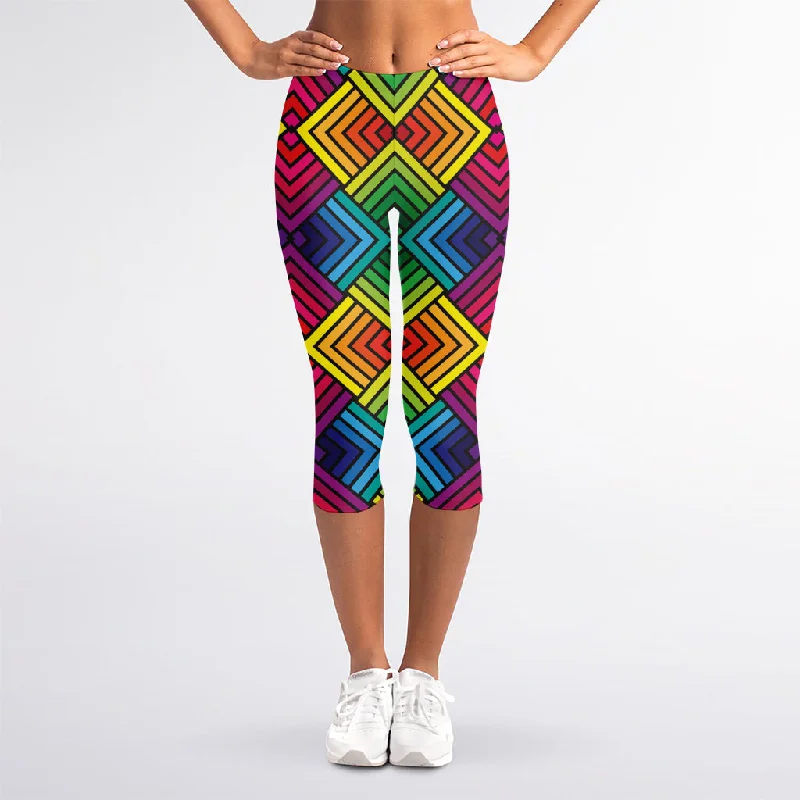 Geometric Rainbow Pattern Print Women's Capri Leggings Trendy Polka Dot Leggings