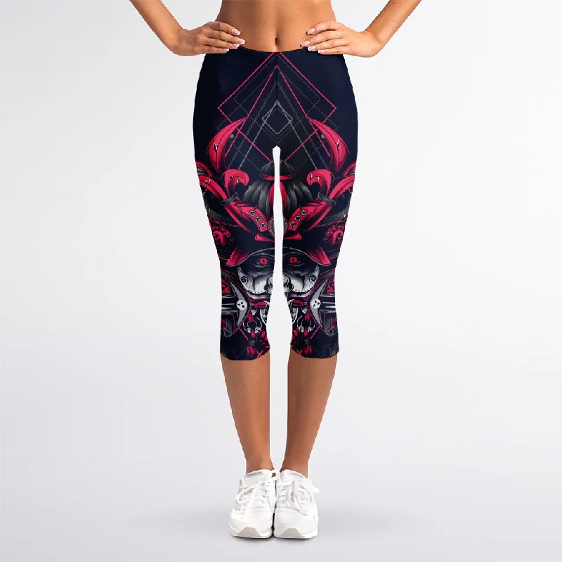 Geometric Samurai Mask Print Women's Capri Leggings Trendy Spandex Leggings