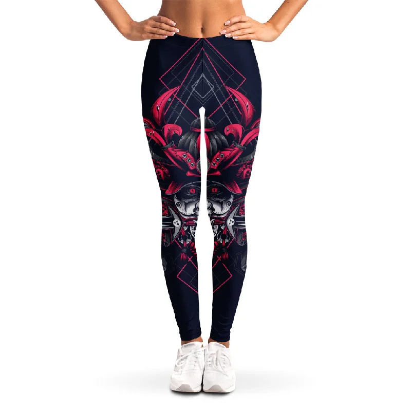 Geometric Samurai Mask Print Women's Leggings Elegant Full-Body Leggings