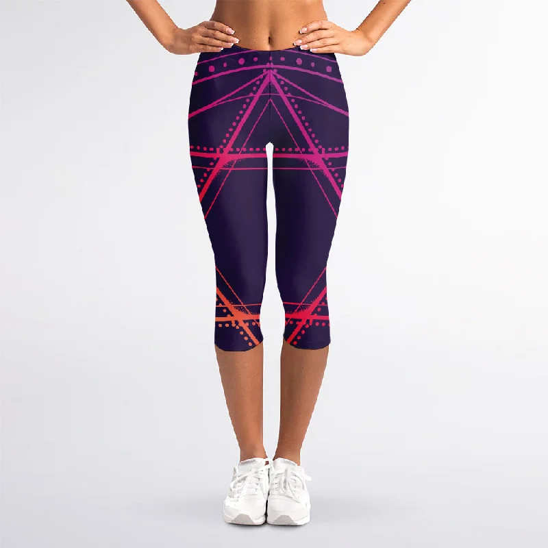 Geometric Star of David Print Women's Capri Leggings Elegant Shiny Black Leggings