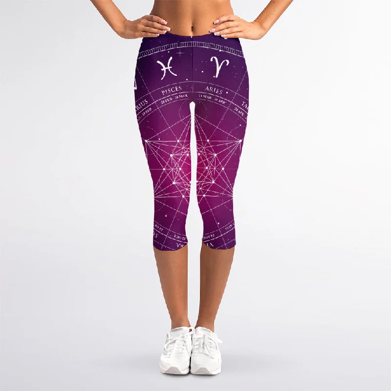 Geometric Zodiac Calendar Print Women's Capri Leggings Trendy Seamless Fit Leggings