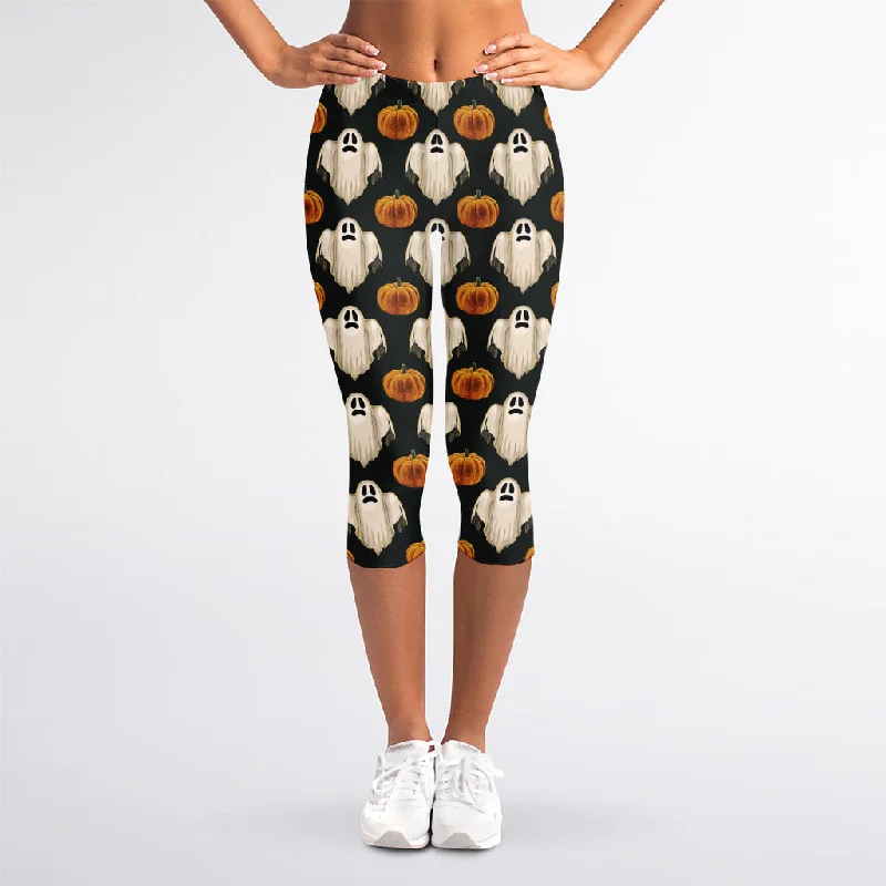Ghost And Pumpkin Pattern Print Women's Capri Leggings Cozy Warmth Leggings