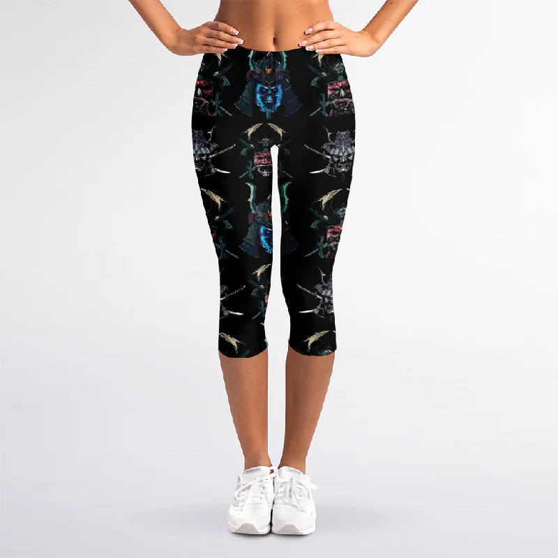 Ghost Samurai Mask Pattern Print Women's Capri Leggings Cozy Full-Length Workout Leggings Ghost Samurai Mask Pattern Print Women's Capri Leggings Cozy Full-Length Workout Leggings