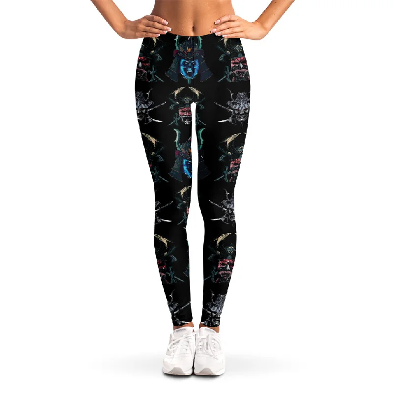 Ghost Samurai Mask Pattern Print Women's Leggings Cozy Reflective Detail Leggings