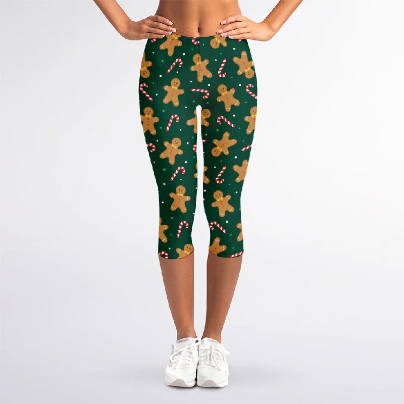 Gingerbread Man Cookies Pattern Print Women's Capri Leggings Casual Black Leggings