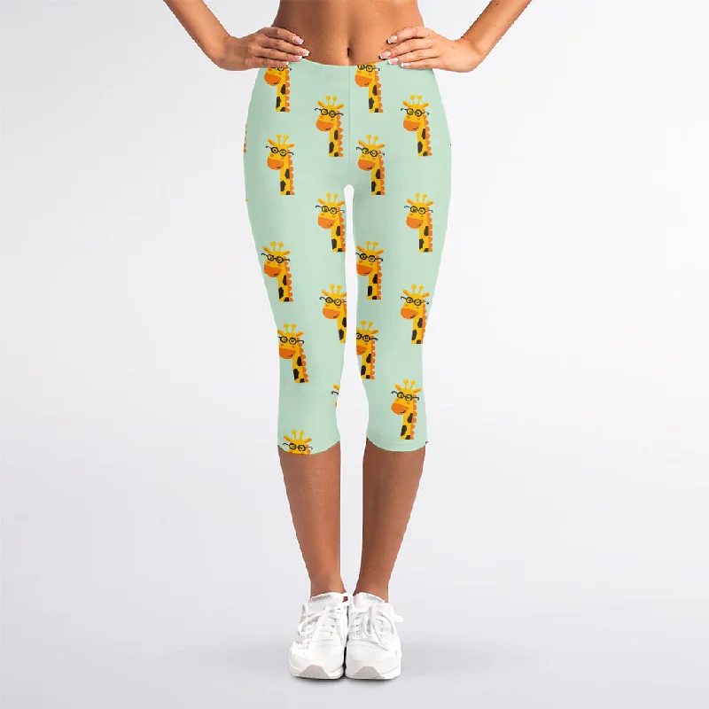 Giraffe With Glasses Pattern Print Women's Capri Leggings Trendy Ombre Effect Leggings Giraffe With Glasses Pattern Print Women's Capri Leggings Trendy Ombre Effect Leggings