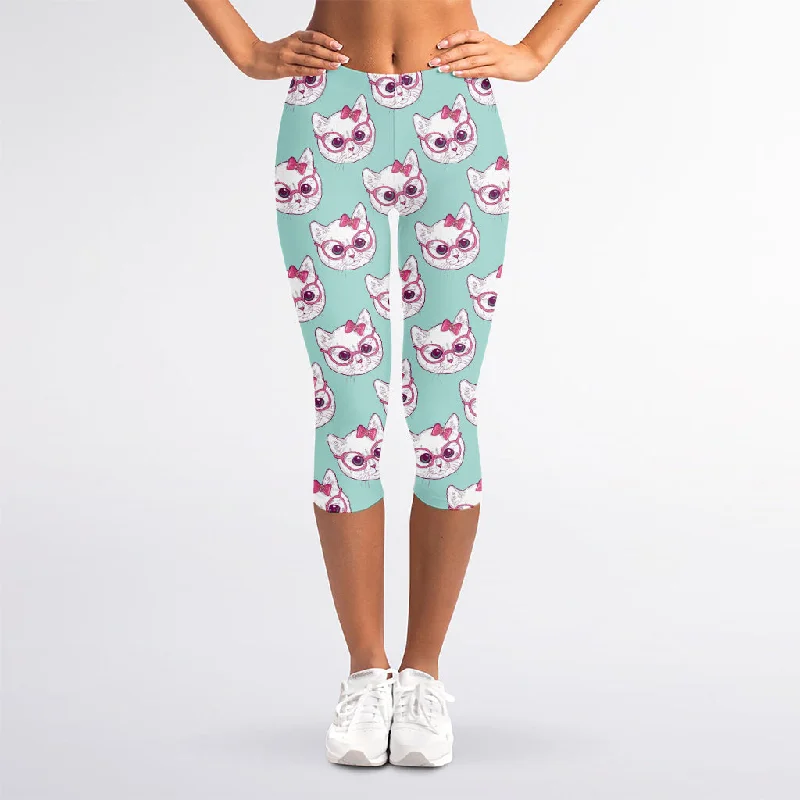 Girly Cat With Glasses Pattern Print Women's Capri Leggings Trendy Tie-Dye Leggings