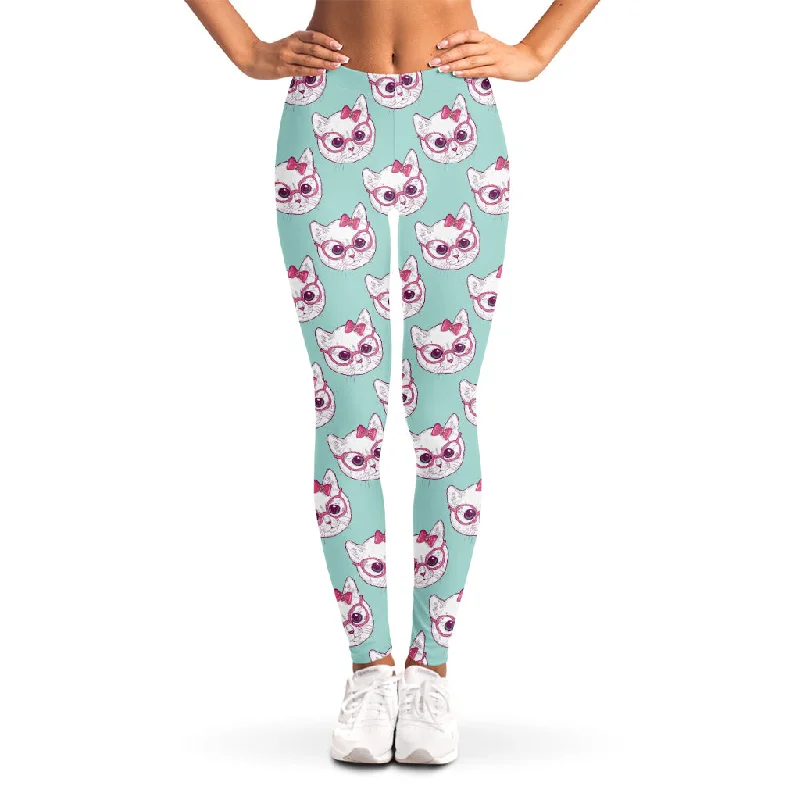 Girly Cat With Glasses Pattern Print Women's Leggings Elegant Stretchy Faux Leather Leggings Girly Cat With Glasses Pattern Print Women's Leggings Elegant Stretchy Faux Leather Leggings