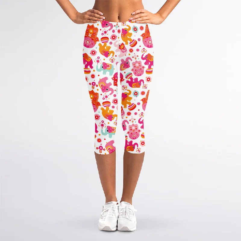 Girly Elephant And Hamsa Pattern Print Women's Capri Leggings Stylish Patterned Active Leggings Girly Elephant And Hamsa Pattern Print Women's Capri Leggings Stylish Patterned Active Leggings
