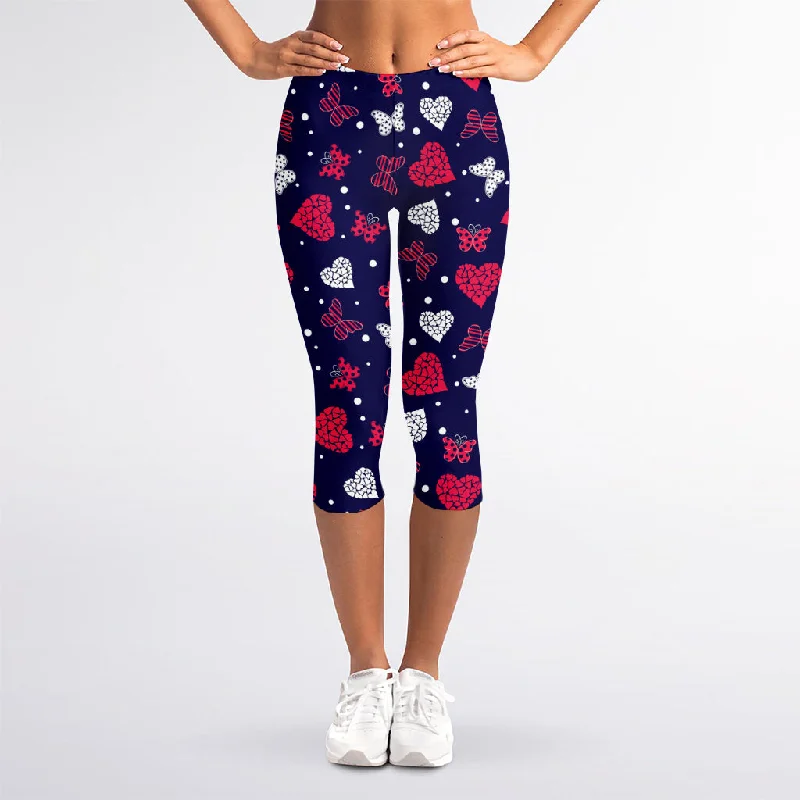 Girly Heart And Butterfly Pattern Print Women's Capri Leggings Stylish Stretch-Waist Leggings Girly Heart And Butterfly Pattern Print Women's Capri Leggings Stylish Stretch-Waist Leggings