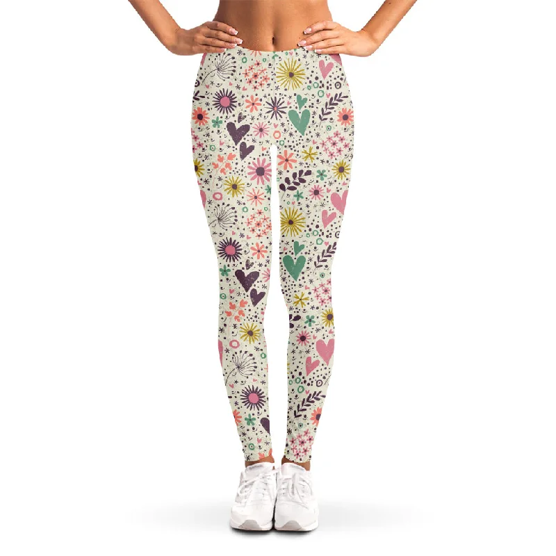 Girly Heart And Flower Pattern Print Women's Leggings Stylish Patterned Active Leggings Girly Heart And Flower Pattern Print Women's Leggings Stylish Patterned Active Leggings