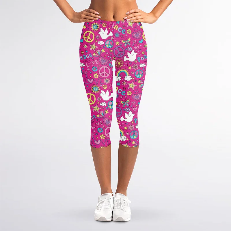 Girly Peace Sign And Love Pattern Print Women's Capri Leggings Cozy Ribbed Leggings