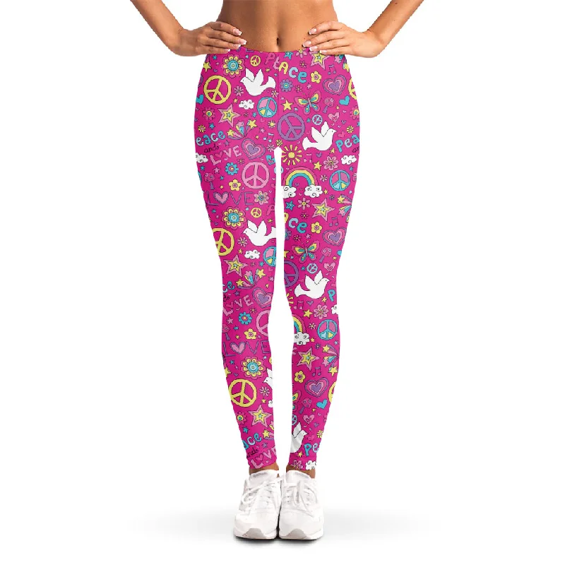 Girly Peace Sign And Love Pattern Print Women's Leggings Comfortable Lounge Leggings Girly Peace Sign And Love Pattern Print Women's Leggings Comfortable Lounge Leggings