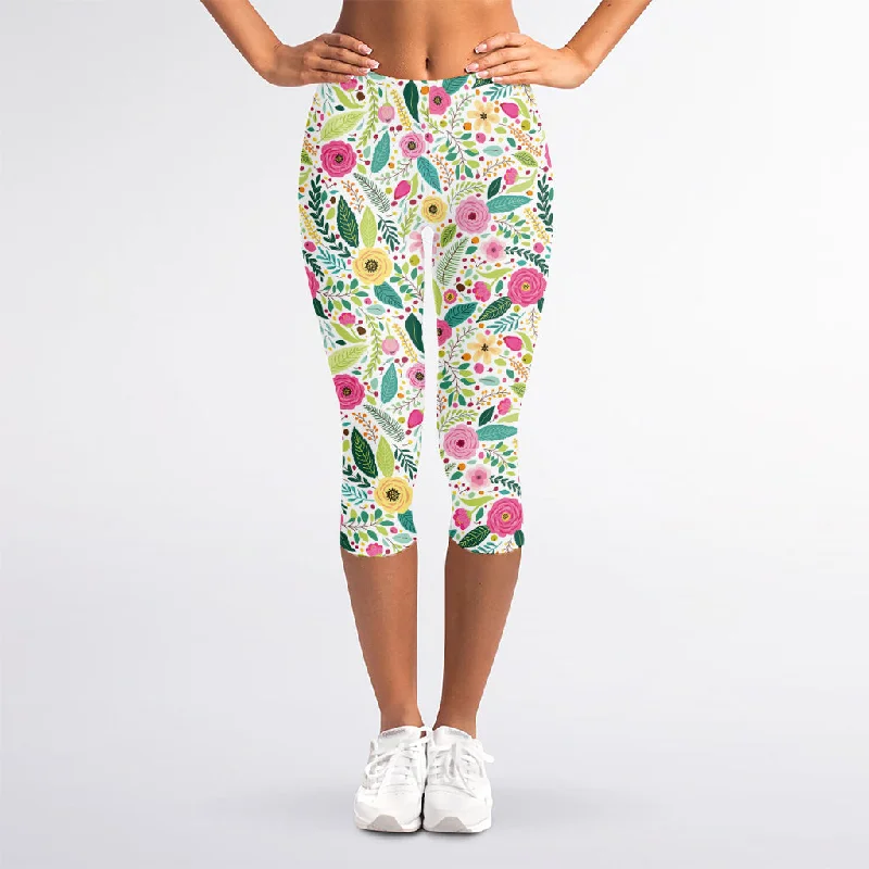 Girly Spring Flower Pattern Print Women's Capri Leggings Elegant Velvet Leggings