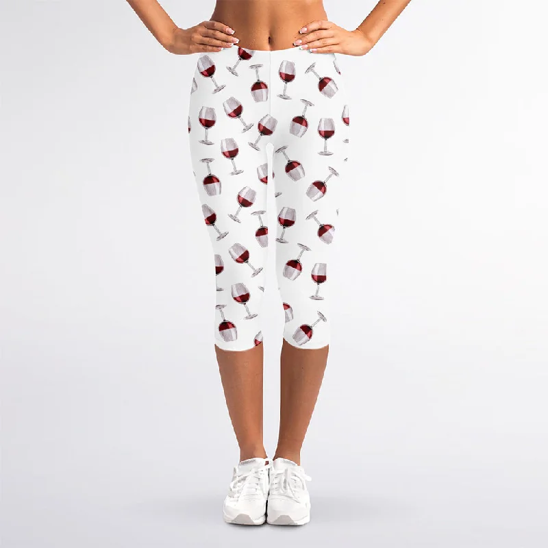 Glasses Of Wine Pattern Print Women's Capri Leggings Chic Workout Leggings