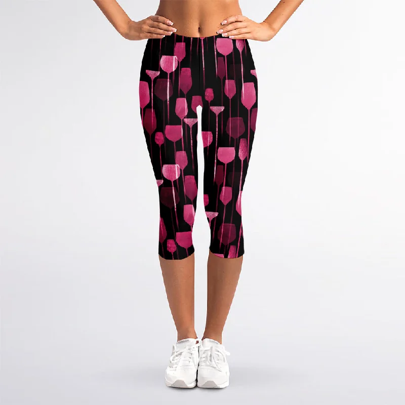 Glasses Of Wine Print Women's Capri Leggings Comfortable Ribbed Sports Leggings