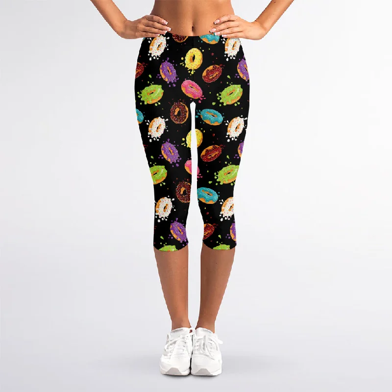 Glaze Donut Pattern Print Women's Capri Leggings Fashionable Printed Leggings